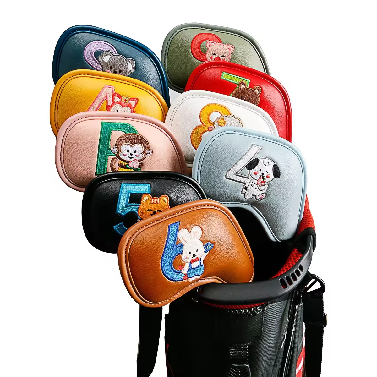 Golf Equipment Cabinet - ชุดคลุมหัวไม้กอล์ฟลายการ์ตูนสัตว์น่ารัก 9 ชิ้น, วัสดุหนัง PU ปักลาย,